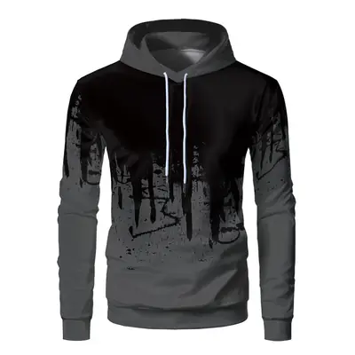 Men 3D Print Hoodie Fleece Loose Fit Black Gray