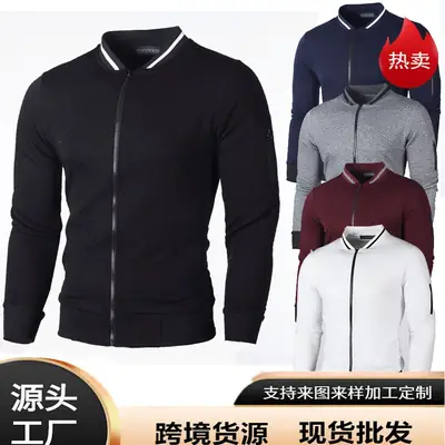 Men Zipper Cardigan Stand Collar Sports Casual Black