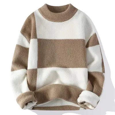 Men's Winter Checkered Knit Sweater Khaki White