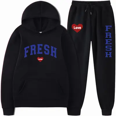 Black Fresh Love Hoodie Pants Set Autumn