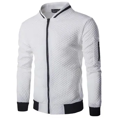 Men's White Quilted Zipper Jacket with Contrast Trim