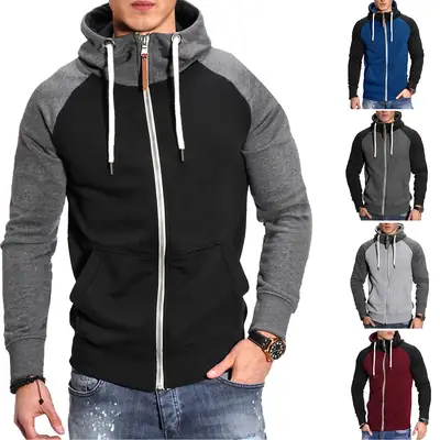 Men Zip Hoodie Contrast Raglan Sleeve Casual Sportswear