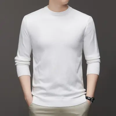 Men White Crewneck Knitted Sweater Winter Long Sleeve