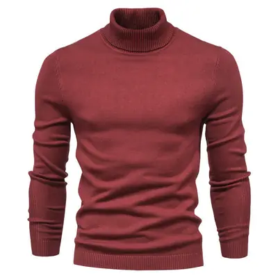 Slim Fit Red High Collar Knitted Sweater for Men Winter