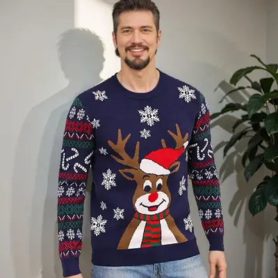 Men Christmas Reindeer Knit Sweater Wool Slim Fit