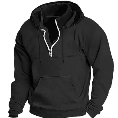 Men Black Hoodie Winter Thickened Zip Neck Sweatshirt