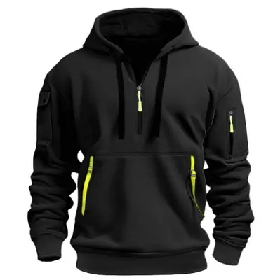 Men Black Hoodie with Neon Zip Pockets Winter