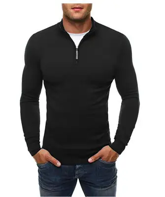 Men Slim Fit Zip Turtleneck Black Knitwear