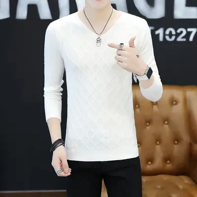 Men V-Neck Mesh Sweater Autumn Slim Fit White