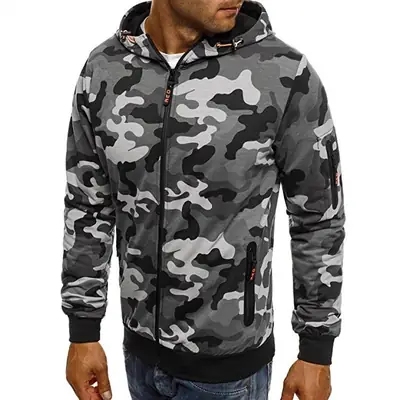 Men Camouflage Hoodie Grey Zipper Sweatshirt