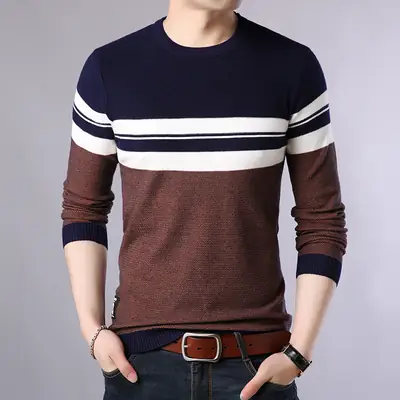 Men Slim Fit Striped Sweater Navy Brown Spring