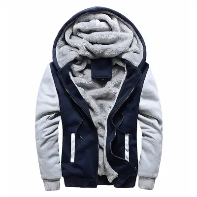Men Hooded Sweatshirt Navy Grey Winter Warm Hooded Jacket