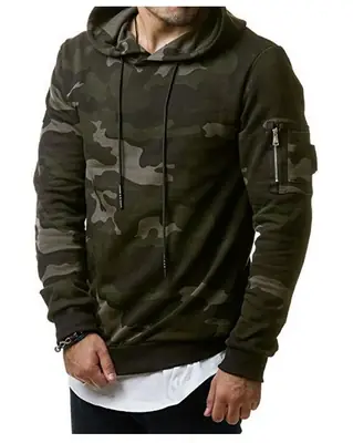 Men Camouflage Hooded Fleece Sweatshirt Slim Fit Green