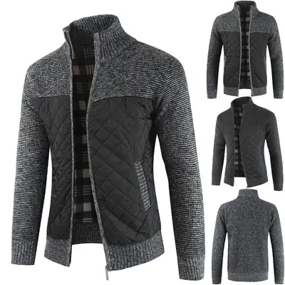 Men Quilted Knit Jacket Black Casual Warm