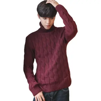 Men's Thickened Turtleneck Sweater Winter Korean Style Burgundy