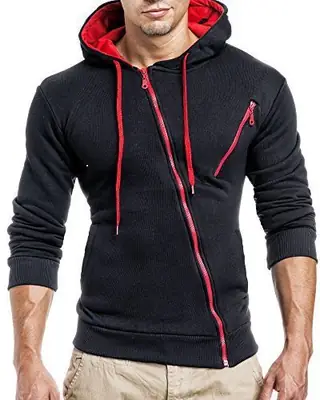 Men Slim Fit Hooded Zipper Sweater Black Red
