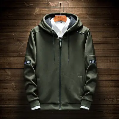 Men Hooded Sweatshirt Olive Green Casual Street Style