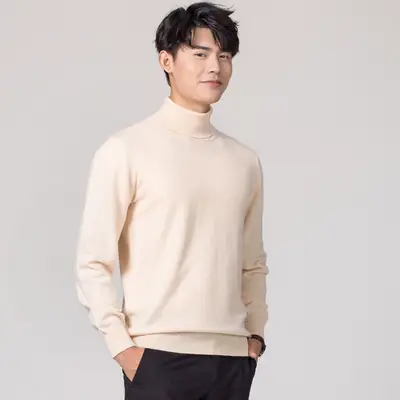 Men's High Neck Wool Sweater Beige Large Size