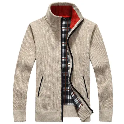 Men Knitted Fleece Lined Jacket Beige Large