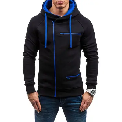Men Black Hoodie with Blue Zipper Casual Jacket