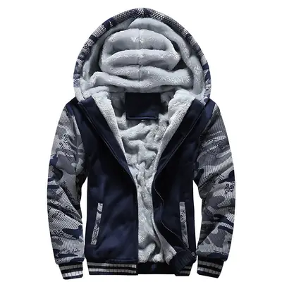 Men Hooded Fleece Jacket Camo Navy Large Winter Coat