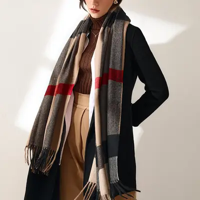 Women Plaid Tassel Imitation Cashmere Scarf Winter Warm Fashion