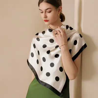 Women Dot Print Silk Scarf 90cm Square Summer