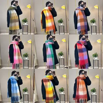 Warm Rainbow Plaid Mohair Scarf Winter Khaki