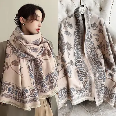 Women Cashmere Shawl Winter Warm Tassel Scarf Bluebird Ash