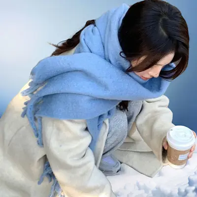 Blue Mohair Scarf Women Winter Tassel Shawl