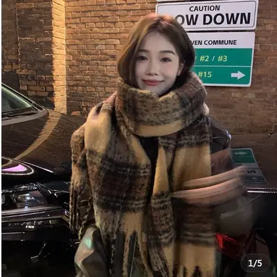 Women Winter Wool Scarf Coffee Brown Thick Knitted Shawl