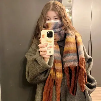 Women Mohair Rainbow Plaid Scarf Winter Warm Thickened