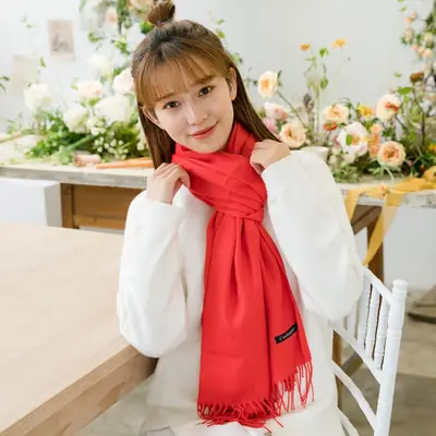 Women Red Cashmere-Like Scarf Winter Warm Tassel Shawl