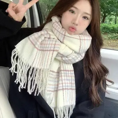 White Plaid Scarf Korean Style Warm Thick Neck Warmer