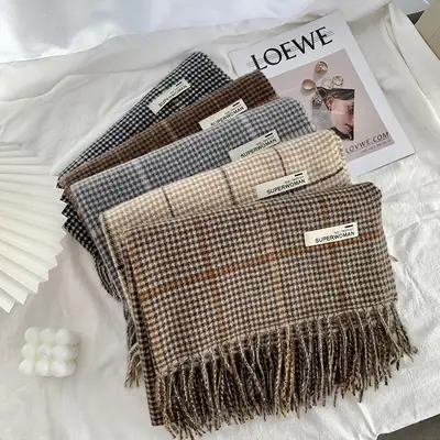 Women Houndstooth Fringe Scarf Autumn Winter