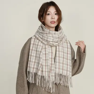 Women Plaid Cashmere Scarf Winter Warm Gray Rice