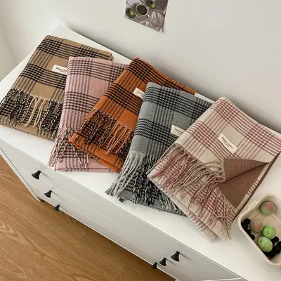 Women Cashmere Plaid Scarf Shawl Winter Warm Dual-Sided