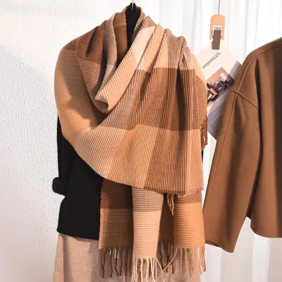 Women Cashmere Knitted Winter Scarf Brown Checkered Warm