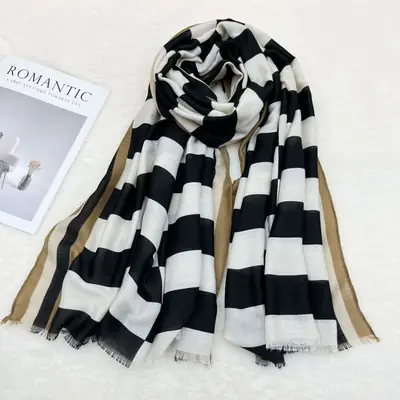 Women Black White Striped Cotton Scarf Winter