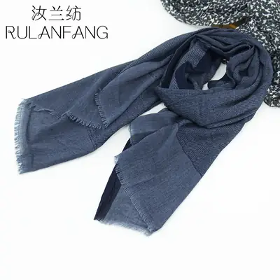Men Cotton Linen Scarf Blue Gray Tassel Casual