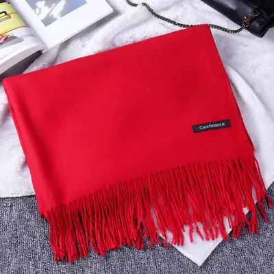 Red Imitation Cashmere Scarf with Tassels for Women