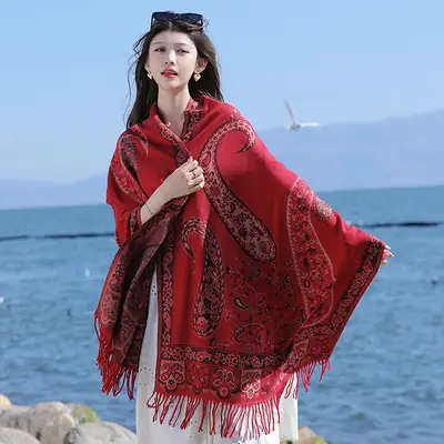 Women's Red Paisley Winter Shawl with Fringe