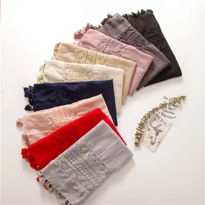 Women Silk Scarf with Lace Embroidery Red Summer