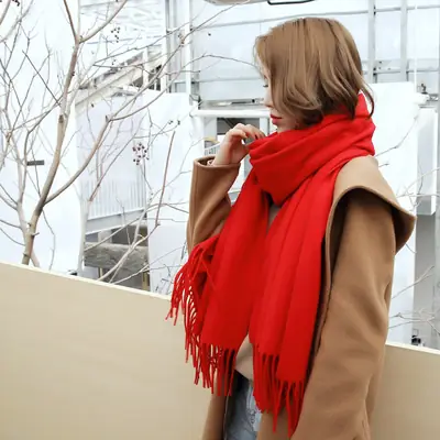 Women Red Tassel Cashmere Scarf Autumn Winter Warm Thickened