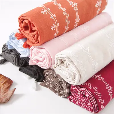 Women Cotton Linen Scarf Ethnic Floral Multi Color Travel Shawl