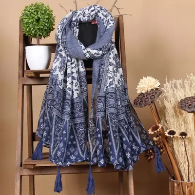 Women Blue White Ethnic Print Scarf Cotton Linen 180x90cm