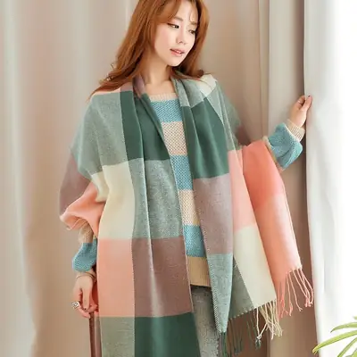 Women Plaid Cashmere Scarf Winter Long Warm Double-sided