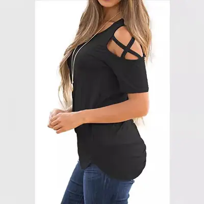 Women Ripped Shoulder Lace-Up T-Shirt White Summer Casual