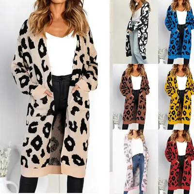 Women Leopard Print Knit Cardigan Khaki Loose Winter