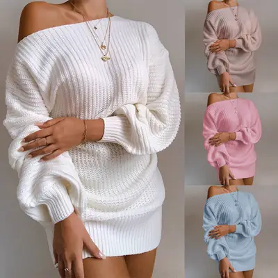 Women Off-Shoulder Knitted Sweater Dress White Pink Blue Winter Casual